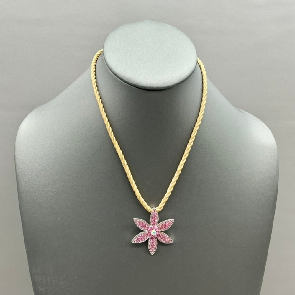 Cookie Lee Necklace Women Gold Tone Pink Rhinestone Flower Pendant Twisted Cord